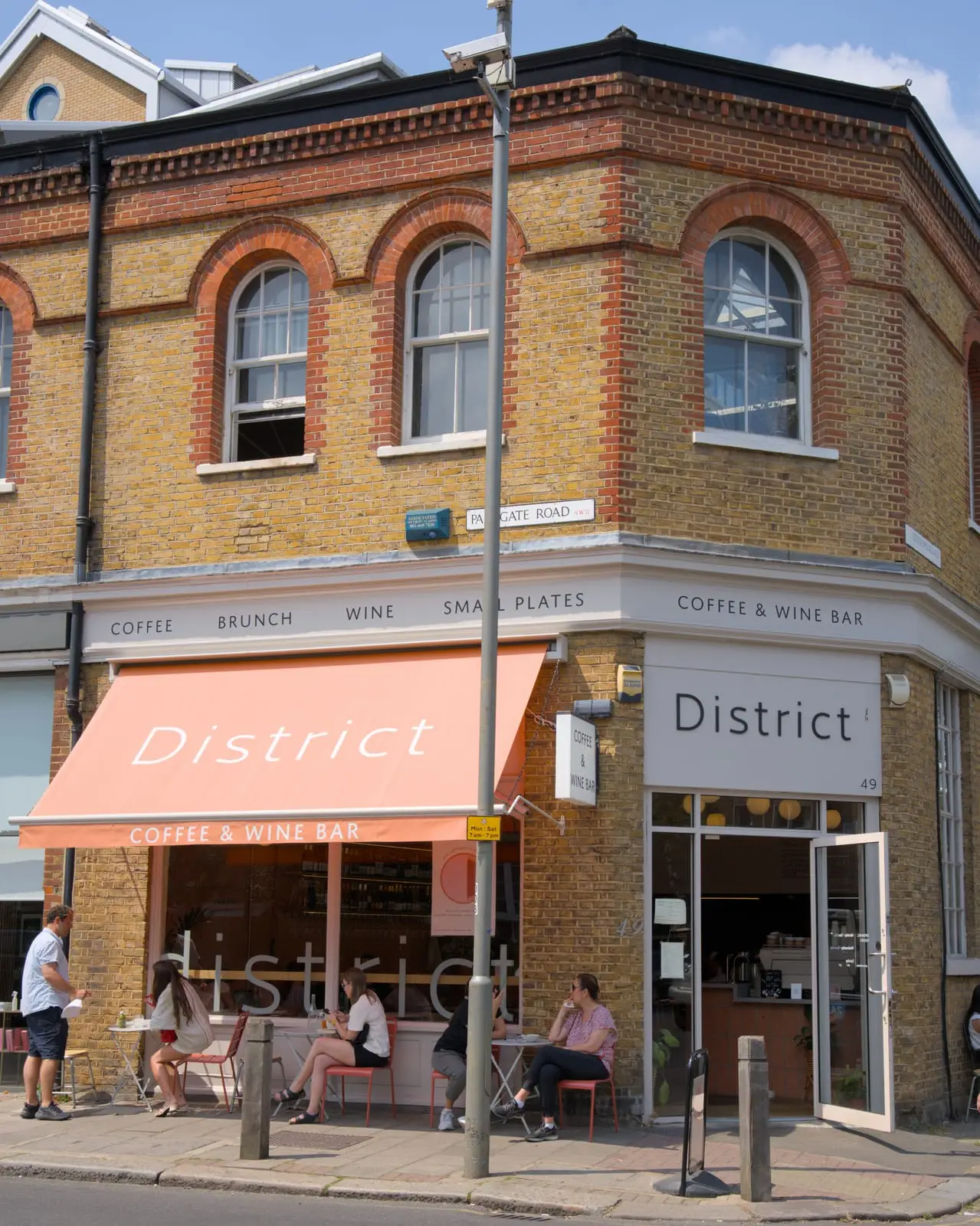 The District coffee and wine bar on the corner of Parkgate Road in Battersea